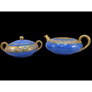 O & EG Royal Austria Blue Gold Floral Tea Pot and Sugar Bowl Set